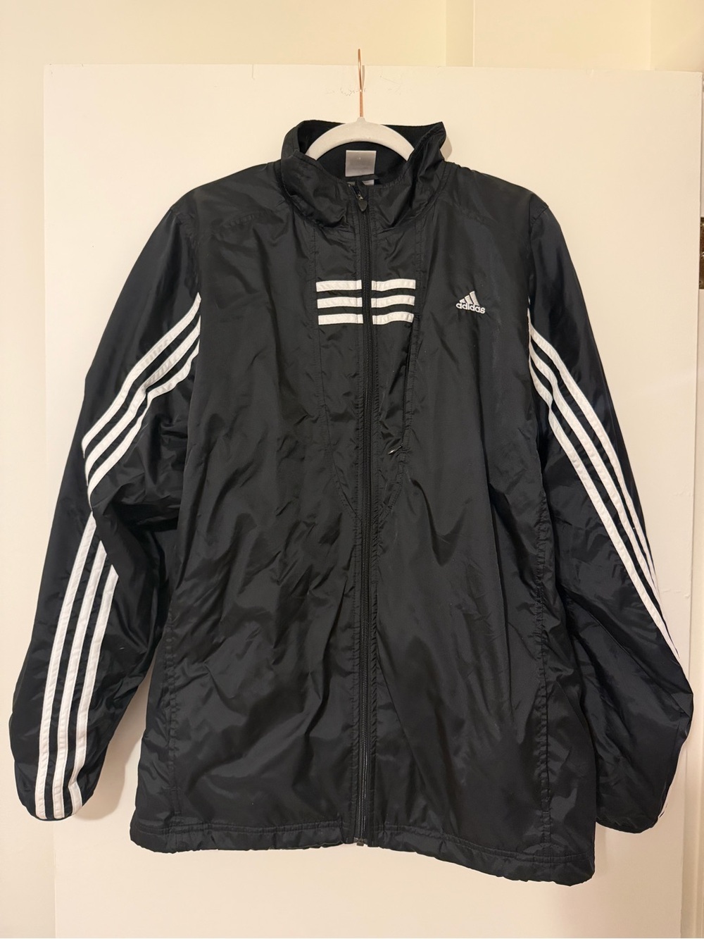 adidas Black Windbreaker Jacket with White Stripe Accents